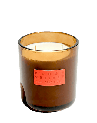 Amber glass jar 2-wick scented candle by P.F. Candle Co Hi-Fi Collection, Plush Vetiver, with earthy musky fragrance, 60-hour burn time.