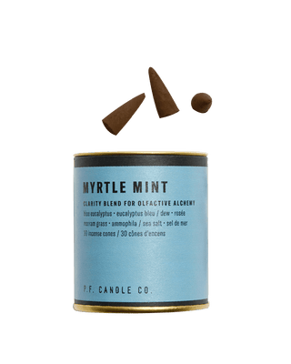 pf candle co myrtle mint incense cones from alchemy collection in gold tin with light blue label fresh earthy home fragrance calming uplifting meditative scent