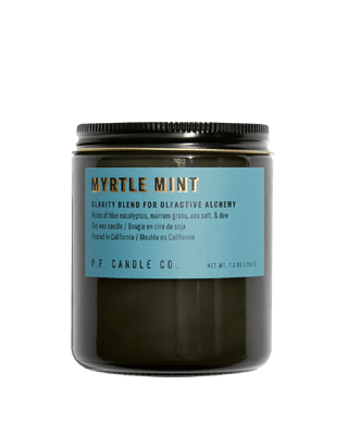 pf candle co myrtle mint soy scented candle from alchemy collection in black jar with blue label and black lid 50 hour burn time clean burn fresh minty earthy home fragrance grounding scent