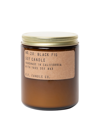 pf candle co black fig soy candle in amber glass jar with kraft label and gold lid, 50 hour burn time, clean burning woody gourmand home fragrance inspired by backyard fig trees