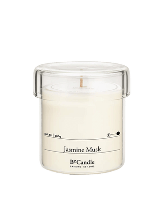 BeCandle Jasmine Musk scented candle in a glass jar with 50-hour burn time, a woody and aromatic home fragrance.
