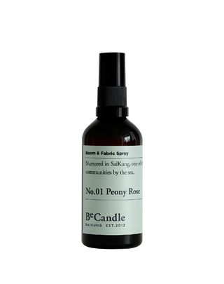 BeCandle Peony Rose room and fabric spray in a black glass bottle with cap and light blue label, a floral and botanical home fragrance.