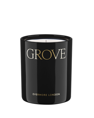 evermore london grove rapeseed wax luxurious scented candle in black jar with gold lettered scent description 300g 60 hour burn time clean burn woody earthy home fragrance comforting and grounding