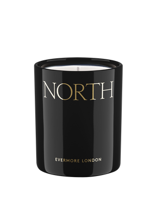 evermore london north rapeseed wax luxurious scented candle in black jar with gold lettered scent description 300g 60 hour burn time clean burn spiced aromatic home fragrance warm and comforting