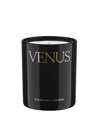 evermore london venus rapeseed wax luxurious scented candle in black jar with gold lettered scent description 300g 60 hour burn time clean burn floral powdery fresh home fragrance uplifting and romantic