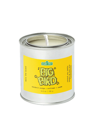 Limited edition Big Bird scented candle from the Sesame Street x Malathebrand collaboration, in a tin with 45-hour burn time and gourmand home fragrance.