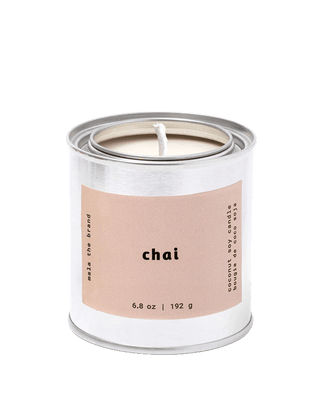Chai tea scented candle by Malathebrand in a tin vessel with 45-hour burn time, gourmand home fragrance.