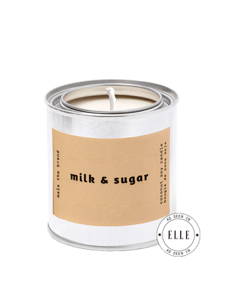 malathebrand milk and sugar coconut soy wax scented candle in tin with light brown label 25 hour burn time gourmand citrus home fragrance