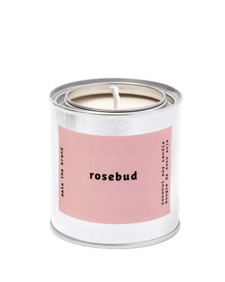 malathebrand rosebud coconut soy wax scented candle in tin with pastel pink label 25 hour burn time floral home fragrance