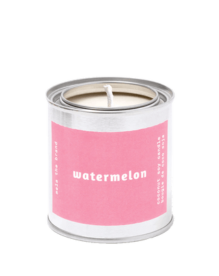 malathebrand watermelon coconut soy wax scented candle in tin with pink label 25 hour burn time sweet fresh home fragrance