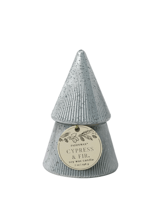 Paddywax Cypress & Fir silver metallic tree-shaped soy wax candle 7 oz, festive woody scent of cypress and fir, elegant Christmas gift and holiday home fragrance.