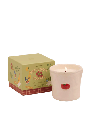 Paddywax Heirloom Tomato ceramic soy candle 8 oz from the Bistro Collection, with hand-painted tomato icon and illustrated box, fresh green garden fragrance with notes of lemon and vague, food-safe vessel inspired by a Parisian café and perfect for gift giving or kitchen décor.
