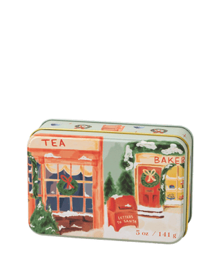 Paddywax Holiday 5 oz 2 wick candle tin Sweet Orange and Fir with illustrated Christmas tea and bakery shop scene, cozy spiced citrus and fir fragrance, reusable festive tin perfect for gifting or stocking stuffer.