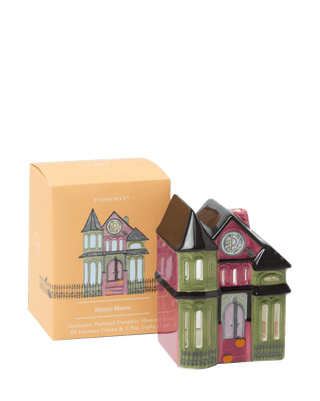 Paddywax Mystic Manor ceramic incense house in green and plum tones with gothic windows and pumpkin detail, includes 20 incense cones and 1 tealight candle, whimsical Halloween home fragrance gift set.