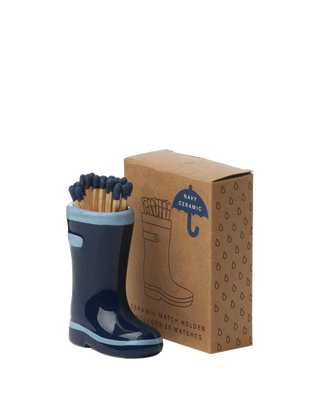 Paddywax navy blue ceramic Wellington boot match holder with light blue rim and 25 matches, classic glossy finish, functional striker surface and gift-ready kraft box.