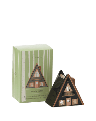 Paddywax Nordic Cabin incense cones and tea light holder gift set with 20 Palo-Santo incense cones and 1 tea light in hand-painted ceramic A-frame cabin, cosy Scandinavian home décor and holiday gift.