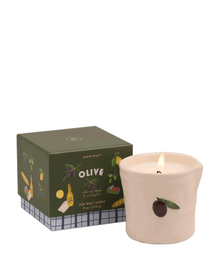 Paddywax Olive ceramic soy candle 8 oz from the Bistro Collection, hand-painted olive icon with dark-green illustrated box, green herbal fragrance with notes of pepper and eucalyptus, food-safe ceramic candle inspired by Mediterranean cafés and perfect for home fragrance gifting.