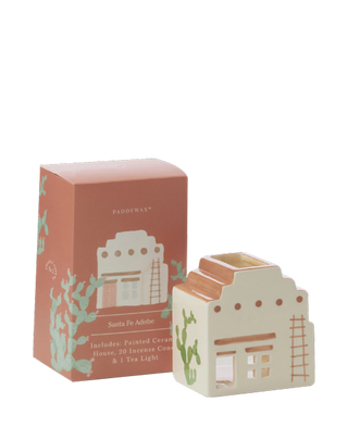 Paddywax Santa Fe Adobe ceramic incense house with terracotta and cream tones, cactus illustration on box, includes 20 incense cones and 1 tealight candle, desert-inspired home fragrance décor.