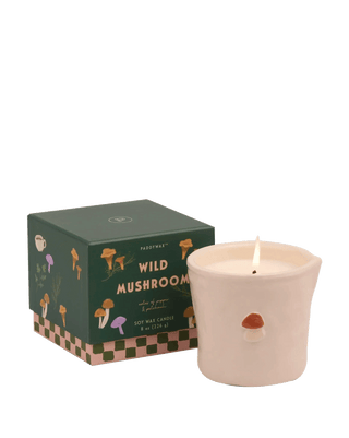 Paddywax Wild Mushroom ceramic soy candle 8 oz from the Bistro Collection, with hand-painted mushroom icon and illustrated green box, woody gourmand scent with notes of pepper and patchouli, artisanal food-safe candle inspired by a cozy mushroom garden and ideal gift for home fragrance lovers.