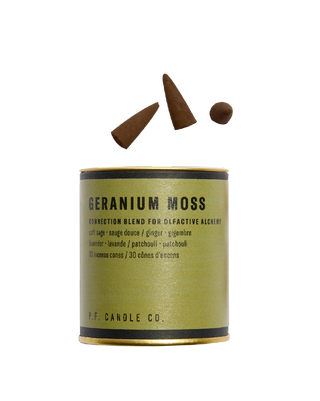 pf candle co geranium moss incense cones from alchemy collection in gold tin with olive green label woody floral fresh home fragrance grounding comforting meditative scent