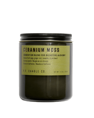 pf candle co geranium moss soy scented candle from alchemy collection in black jar with olive green label and black lid 50 hour burn time clean burn floral woody fresh home fragrance grounding reminiscent of aesop geranium scent