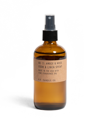 p.f. candle co amber and moss 229ml room and linen spray glass bottle fresh and earthy home scent