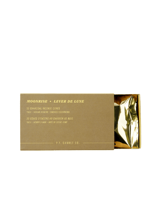 pf candle co moonrise charcoal incense cones in olive box with 30 cones, each lasting 20 minutes, woody smoky fragrance inspired by perfumed dance floors, clean burn with strong meditative scent throw.
