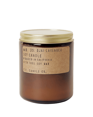 pf candle co ojai lavender soy scented candle from classic collection in amber jar with kraft paper label and gold lid 50 hour burn time clean burn floral citrus fresh home fragrance uplifting lavender fields inspired best selling scent