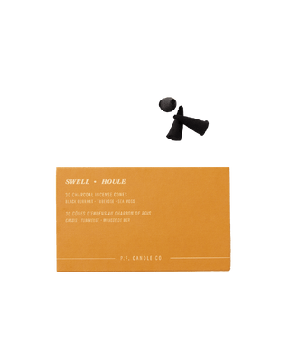pf candle co swell charcoal incense cones in orange box with 30 cones, each lasting 20 minutes, coastal fruity fragrance inspired by summer seaside afternoons, clean burn with strong meditative scent throw.