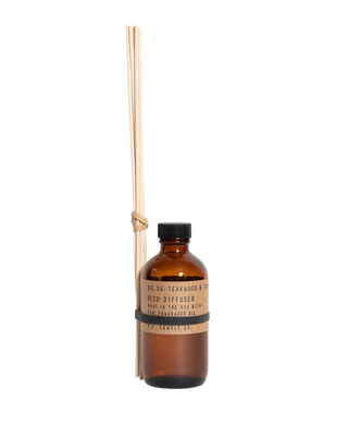 pf candle co teakwood tobacco reed diffuser in amber glass bottle with black cap and kraft paper label 3.5oz woody leathery citrus home fragrance boyfriend inspired best selling scent